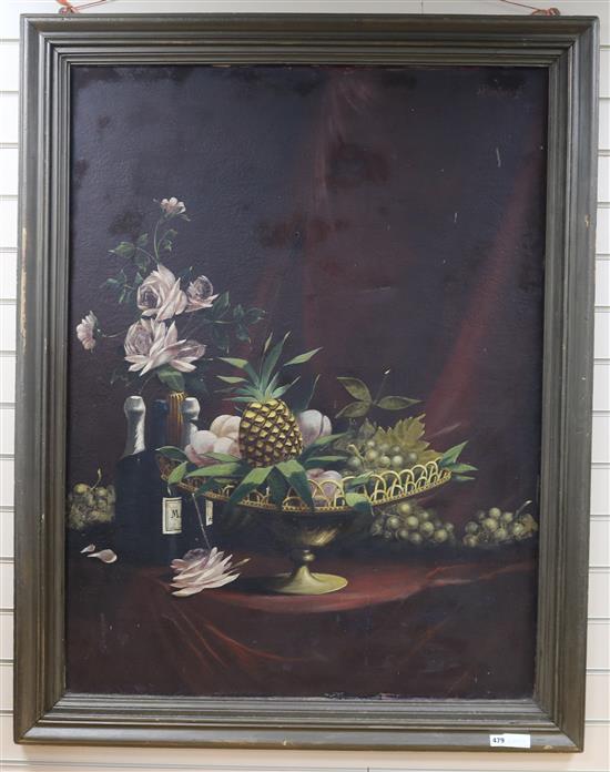 M. Berthelon, oil on canvas, still life of fruit in a bowl, roses and champagne bottles, signed and dated 1909 122 x 91cm